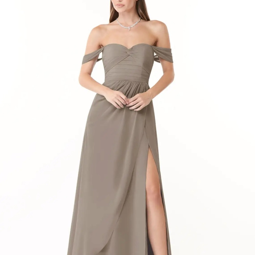 Azazie Taupe Off-Shoulder Ruched Gown for Weddings